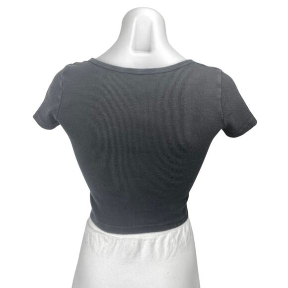 Brandy Melville Black Short Sleeve Ribbed Knit Button Up T Shirt Crop Top Size S - Picture 2 of 4